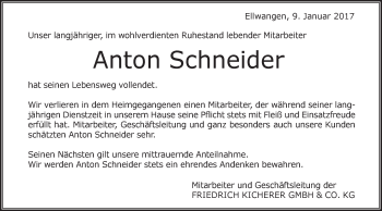 Traueranzeige von Anton Schneider von Schwäbische Post