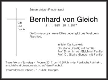 Traueranzeige von Bernhard von Gleich von Schwäbische Post