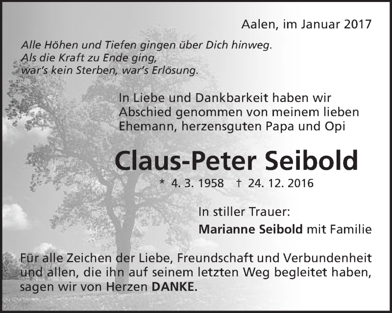  Traueranzeige für Claus-Peter Seibold vom 14.01.2017 aus Schwäbische Post