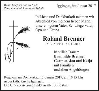 Traueranzeige von Roland Brenner von Gmünder Tagespost