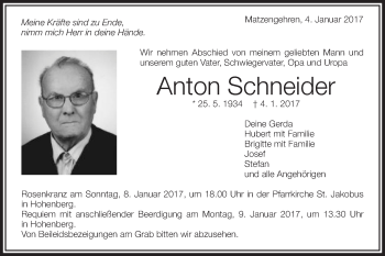 Traueranzeige von Anton Schneider von Schwäbische Post