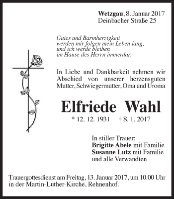 Traueranzeige von Elfriede Wahl von Gmünder Tagespost