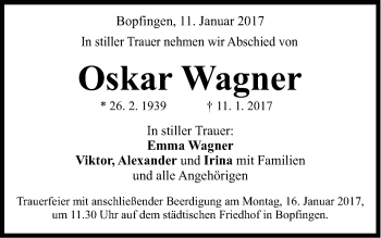 Traueranzeige von Oskar Wagner von Schwäbische Post