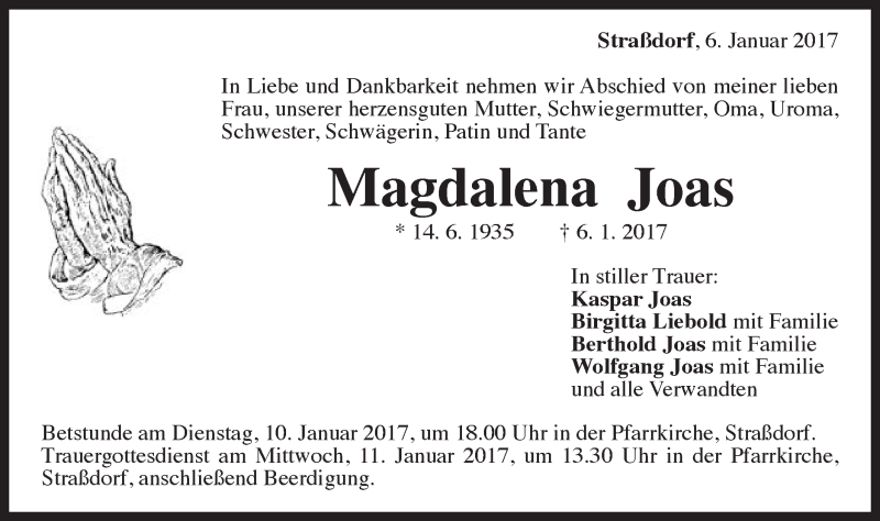  Traueranzeige für Mgdalena Joas vom 09.01.2017 aus Gmünder Tagespost