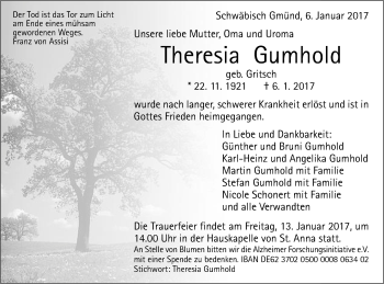 Traueranzeige von Theresia Gumhold von Gmünder Tagespost