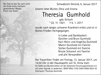 Traueranzeige von Theresia Gumhold