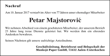 Traueranzeige von Petar Majstorovic von Schwäbische Post