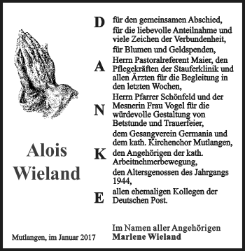 Traueranzeige von Alois Wieland von Gmünder Tagespost