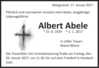 Traueranzeige von Albert Abele von Schwäbische Post