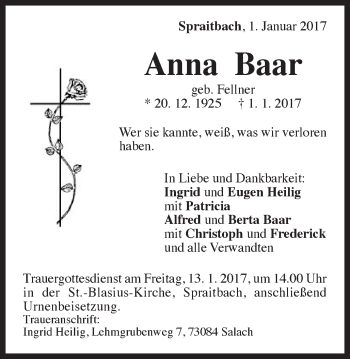 Traueranzeige von Anna Baar von Gmünder Tagespost