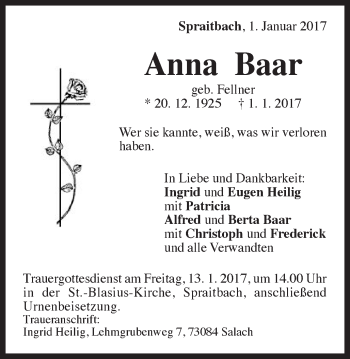 Traueranzeige von Anna Baar