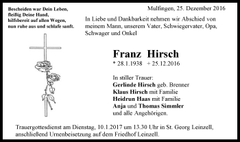 Traueranzeige von Franz Hirsch von Gmünder Tagespost