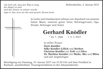 Traueranzeige von Gerhard Knödler von Gmünder Tagespost