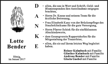 Traueranzeige von Lotte Bender von Gmünder Tagespost