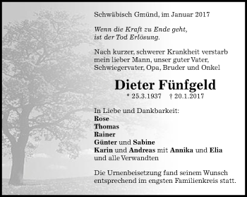 Traueranzeige von Dieter Fünfgeld von Gmünder Tagespost