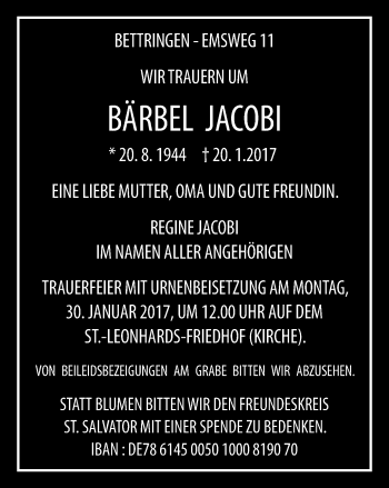 Traueranzeige von Bärbel Jacobi von Gmünder Tagespost