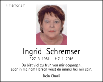 Traueranzeige von Ingrid Schremser von Gmünder Tagespost