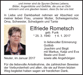 Traueranzeige von Elfriede Rometsch von Schwäbische Post