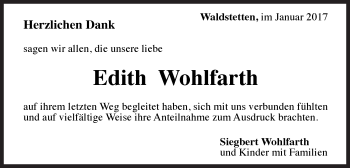 Traueranzeige von Edith Wohlfarth von Gmünder Tagespost