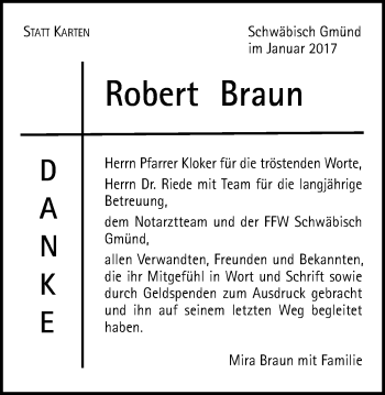 Traueranzeige von Robert Braun von Gmünder Tagespost