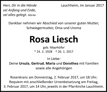 Traueranzeige von Rosa Liesch von Schwäbische Post