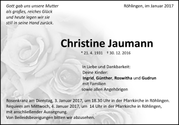 Traueranzeige von Christiane Jaumann von Schwäbische Post