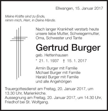 Traueranzeige von Gertrud Burger von Schwäbische Post