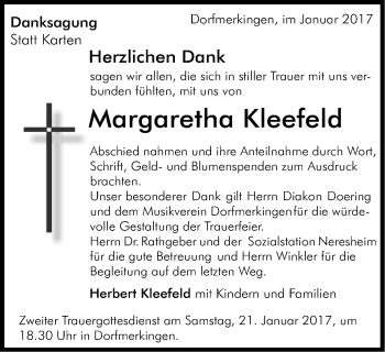 Traueranzeige von Margaretha Kleefeld von Schwäbische Post