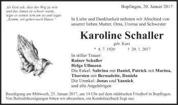 Traueranzeige von Karoline Schaller von Schwäbische Post