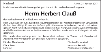 Traueranzeige von Herbert Clauß von Gmünder Tagespost