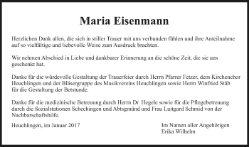 Traueranzeige von Maria Eisenmann von Gmünder Tagespost