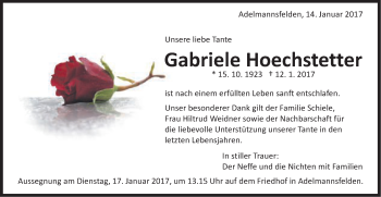 Traueranzeige von Gabriele Hoechstetter von Schwäbische Post