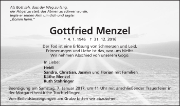 Traueranzeige von Gottfried Menzel von Schwäbische Post
