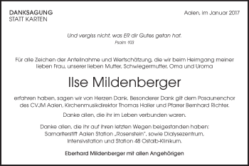 Traueranzeige von Ilse Mildenberger von Schwäbische Post