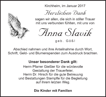 Traueranzeige von Anna Slavik von Schwäbische Post