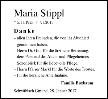 Traueranzeige von Maria Stippl von Gmünder Tagespost