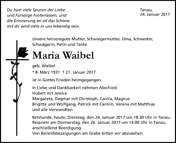 Traueranzeige von Maria Waibel von Gmünder Tagespost