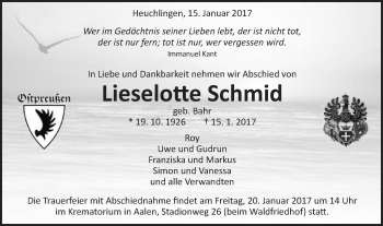 Traueranzeige von Lieselotte Schmid von Gmünder Tagespost