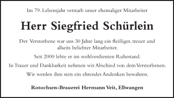 Traueranzeige von Siegfried Schürlein von Schwäbische Post