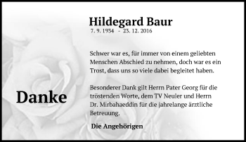 Traueranzeige von Hildegard Baur von Schwäbische Post