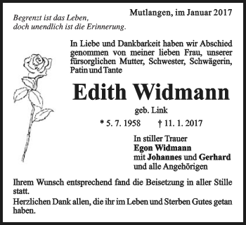 Traueranzeige von Edith Widmann von Gmünder Tagespost
