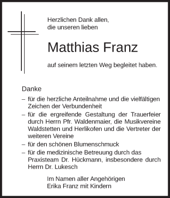 Traueranzeige von Matthias Franz von Gmünder Tagespost