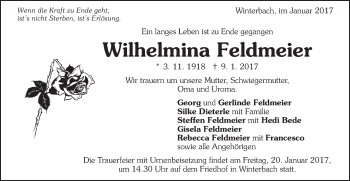 Traueranzeige von Wilhelmina Feldmeier von Schwäbische Post