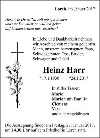 Traueranzeige von Heinz Harr von Gmünder Tagespost
