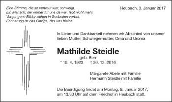 Traueranzeige von Mathilde Steidle von Gmünder Tagespost