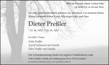 Traueranzeige von Dieter Preßler von Gmünder Tagespost