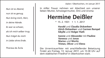 Traueranzeige von Hermine Deißler von Schwäbische Post