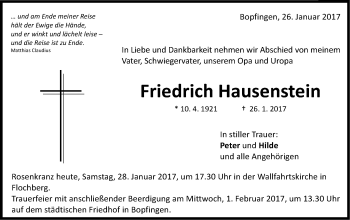 Traueranzeige von Friedrich Hausenstein von Schwäbische Post