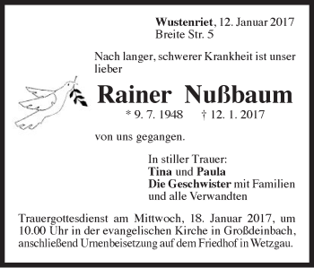 Traueranzeige von Rainer Nußbaum von Gmünder Tagespost