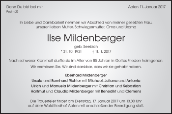 Traueranzeige von Ilse Mildenberger von Schwäbische Post